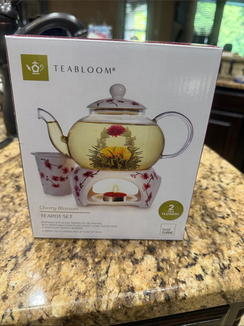 Teabloom Cherry Blossom Glass Teapot Set with White Floral Warmer